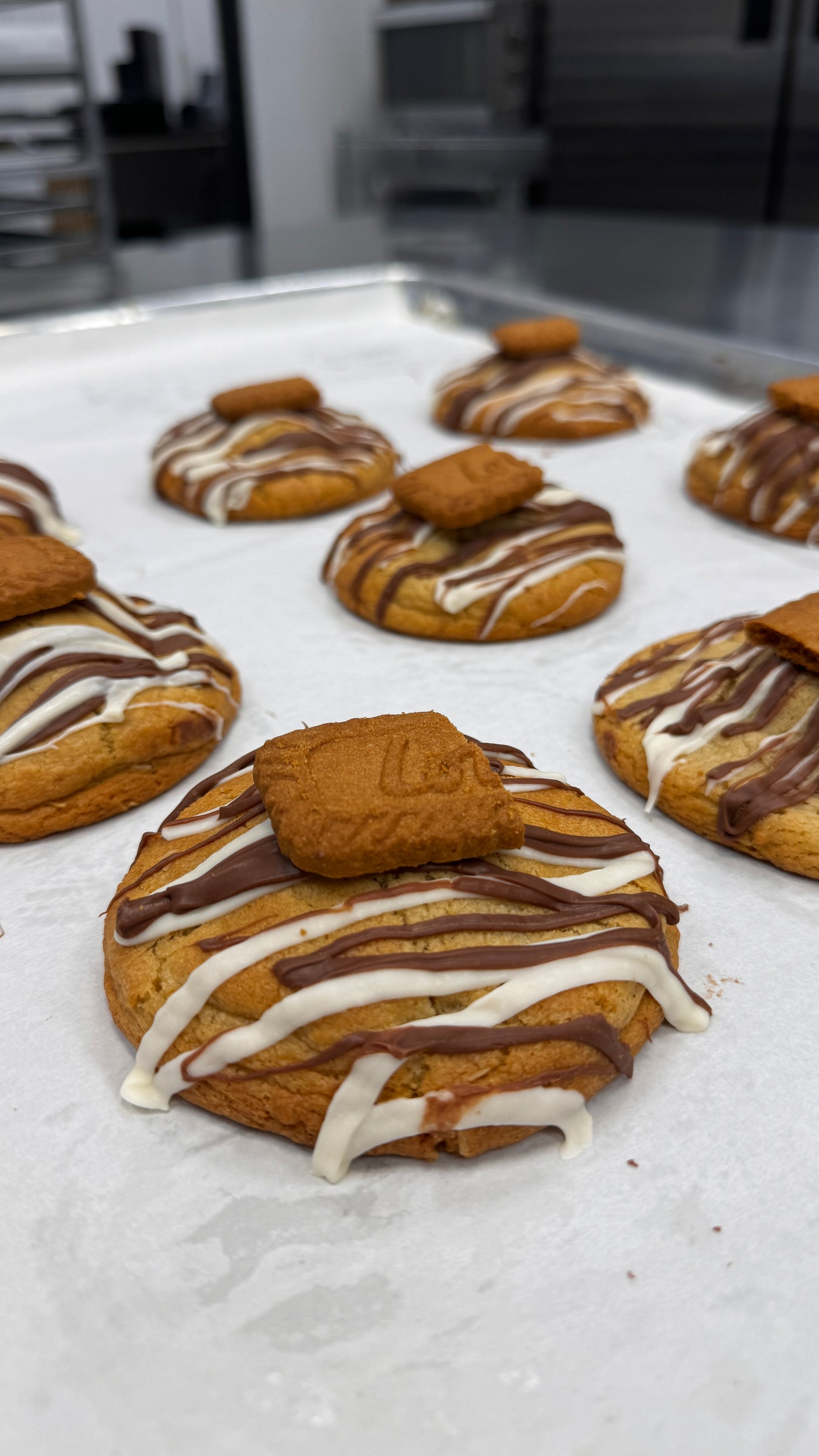 Tray of Dubai Chocolate Biscoff Cookies from bake the cookie shoppe in Las Vegas