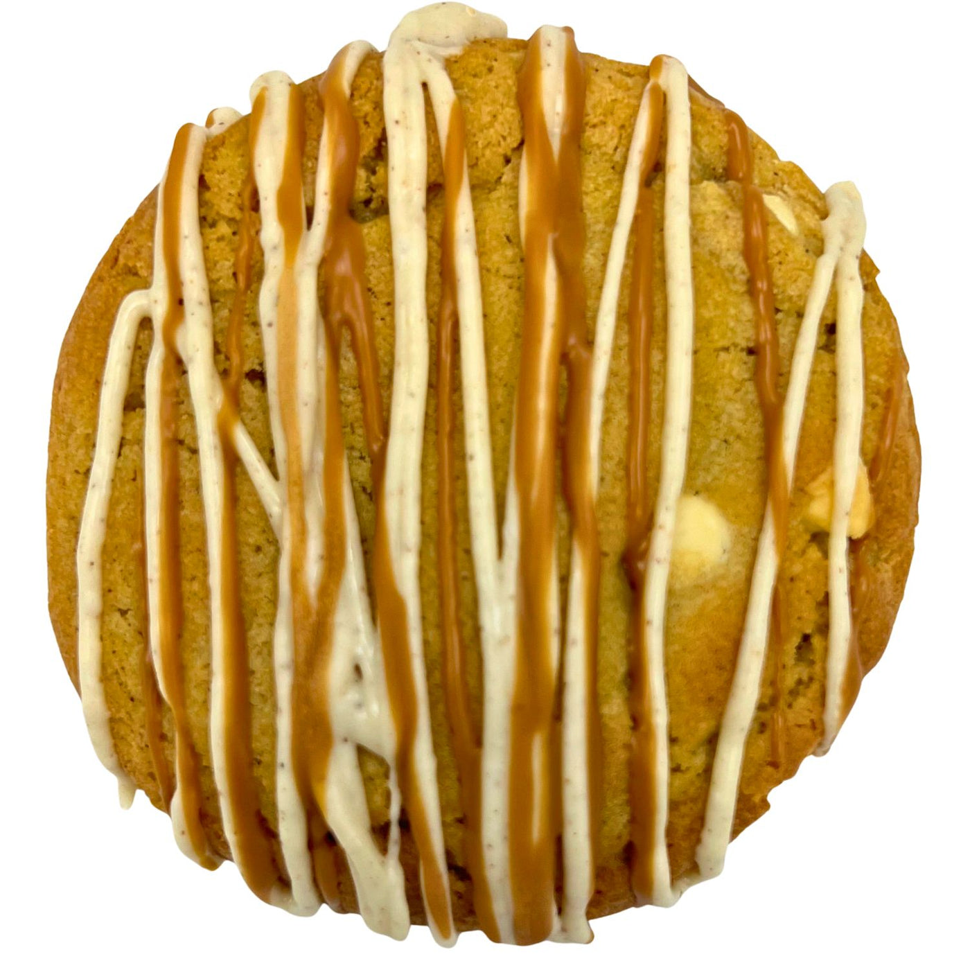 Cookie with pumpkin spice drizzle and biscoff drizzle