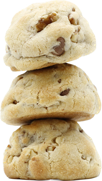 A stack of three delicious chocolate chip walnut cookies, perfect for satisfying your sweet tooth