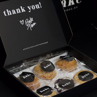 Box of 6 Cookies inside the black bake the cookie shoppe box with the Thank you message from bake.