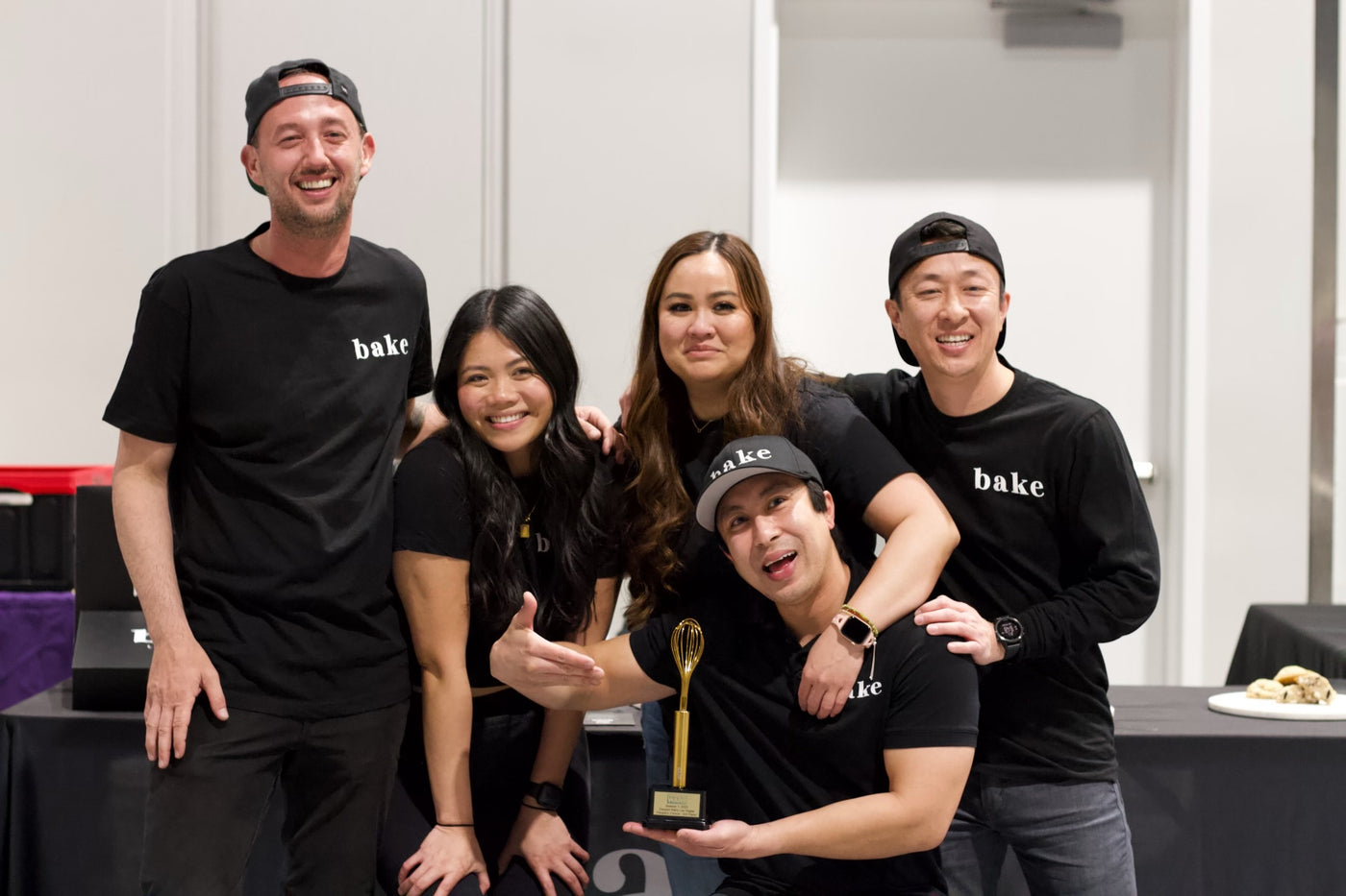 the bake team, Chad Indrieri, Mara Indrieri, Britnee Nguyen, Toan and Trung Nguyen at Dessert Wars with a trophy