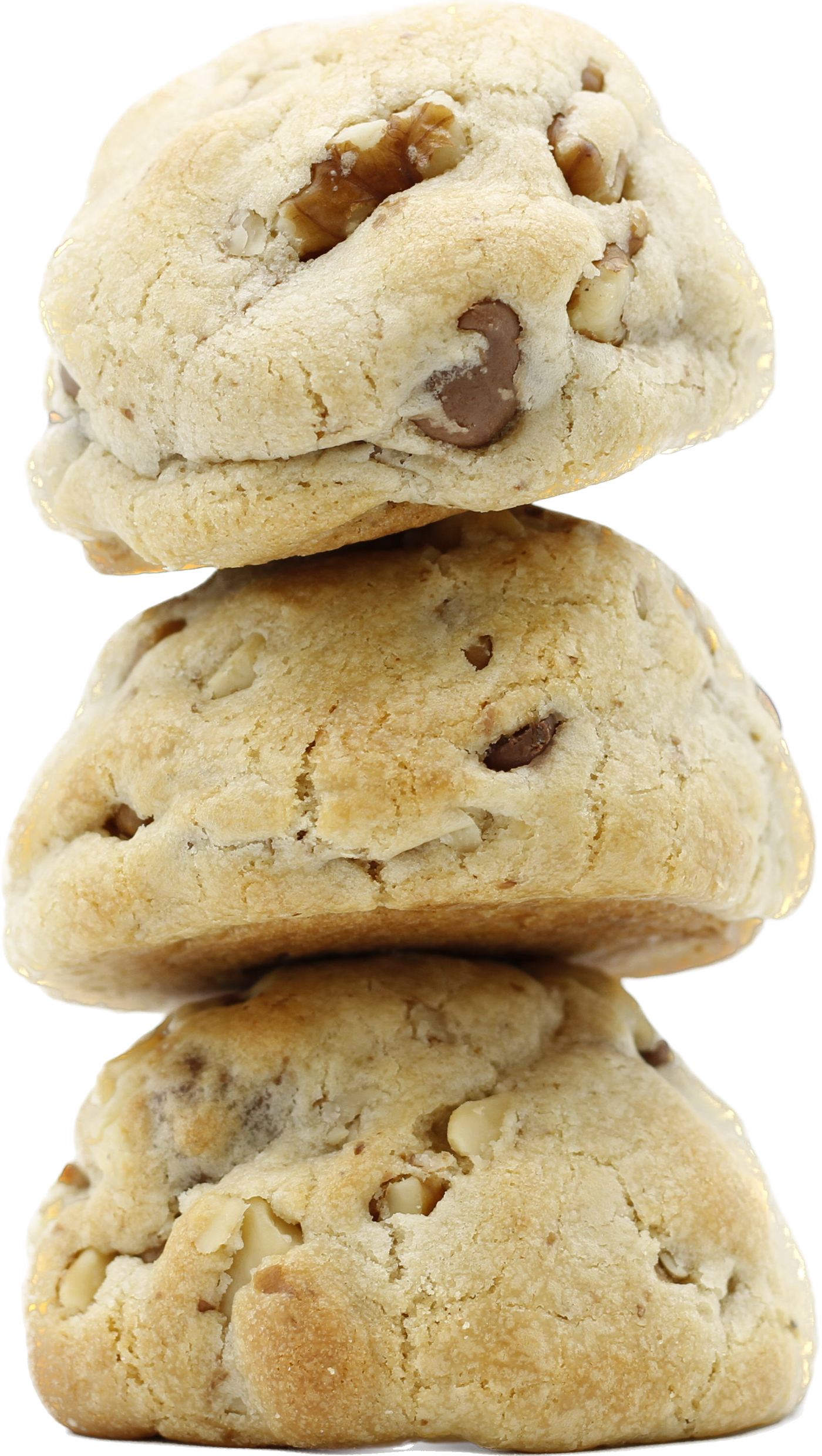 A stack of three delicious chocolate chip walnut cookies, perfect for satisfying your sweet tooth