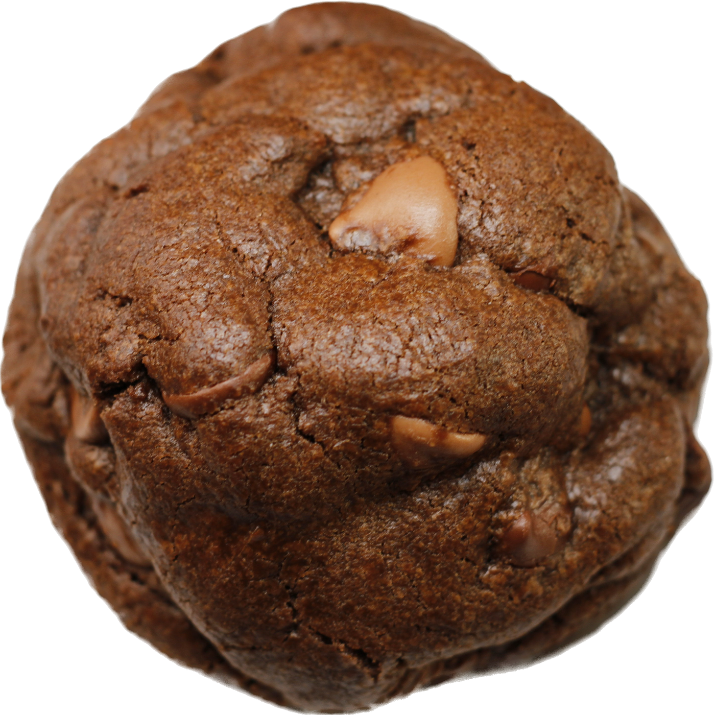 A triple chocolate cookie with chunks of dark, milk, and white chocolate scattered throughout the dough and melting on top. The cookie is slightly crispy on the edges and soft in the center, with a rich chocolate flavor that is sure to satisfy any chocolate lover's cravings.