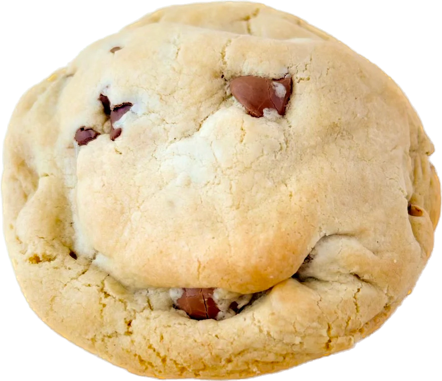 A freshly baked chocolate chip cookie with rich, gooey chocolate chips visible on the surface.